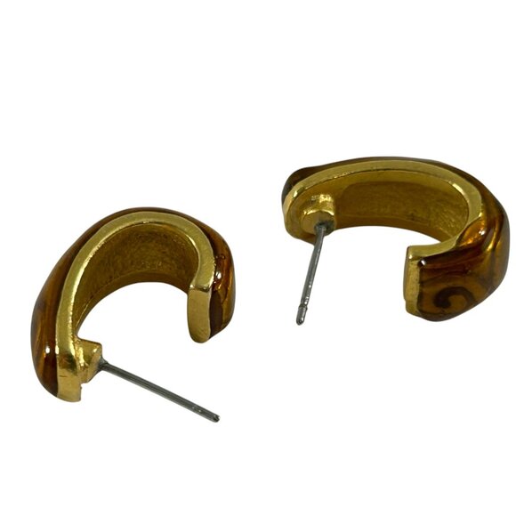 Half Hoop Earrings Brown Swirl Design Gold Tone Pierced Retro Style - Picture 7 of 9